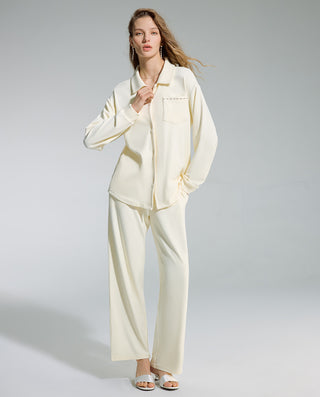 AIMER Collared Cardigan Long Sleeve Pants Set