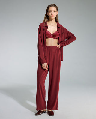 AIMER Collared Cardigan Long Sleeve Pants Set