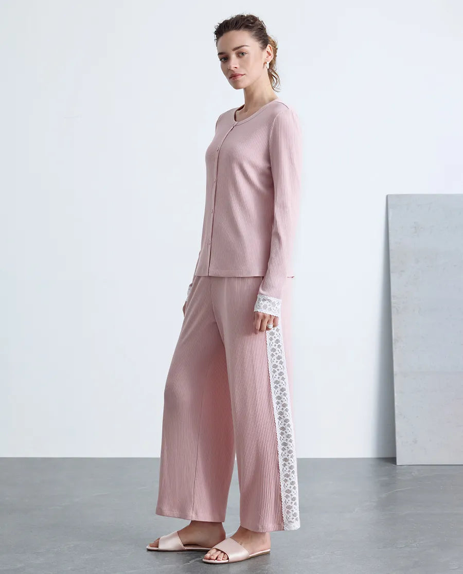 Aimer Lace Applique Long Sleeve Two-Piece Set