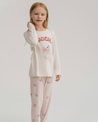 Aimer Kids Milk Long-sleeved Homewear Set For Girls