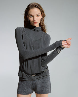 AIMER Cashmeren  Stand Collar Long Sleeve Top Tank Set